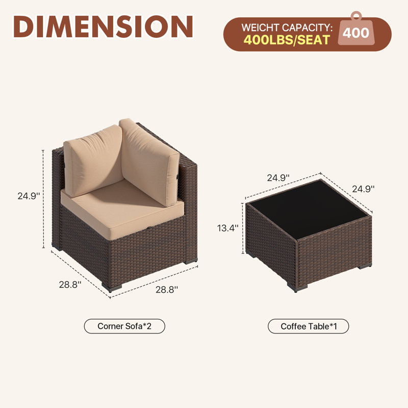 3 -Person Rattan Patio Safo With Cushions, Brown, White