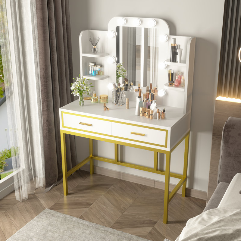 Coiffeuse avec miroir lumineux Thriston, Blanc / doré