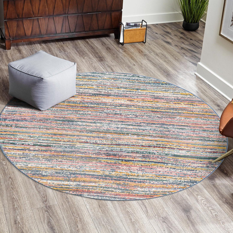 Tapis rayé jaune / bleu / rouge / bleu marine Hulsey, Rond 3 pi 3 po, Multi