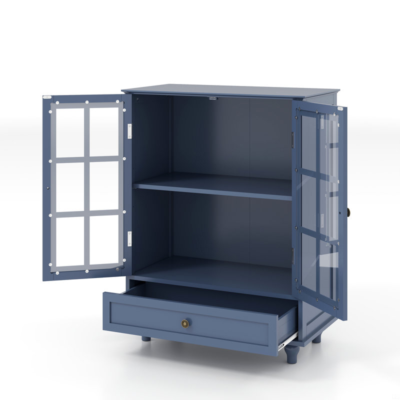 Mekyle 38''H Buffet Cabinet With 2 Glass Doors And Drawer, Blue