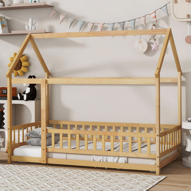 Lit simple en bois avec structure de toit et garde-corps, finition naturelle pour chambre d'enfant, Naturel, Lit simple