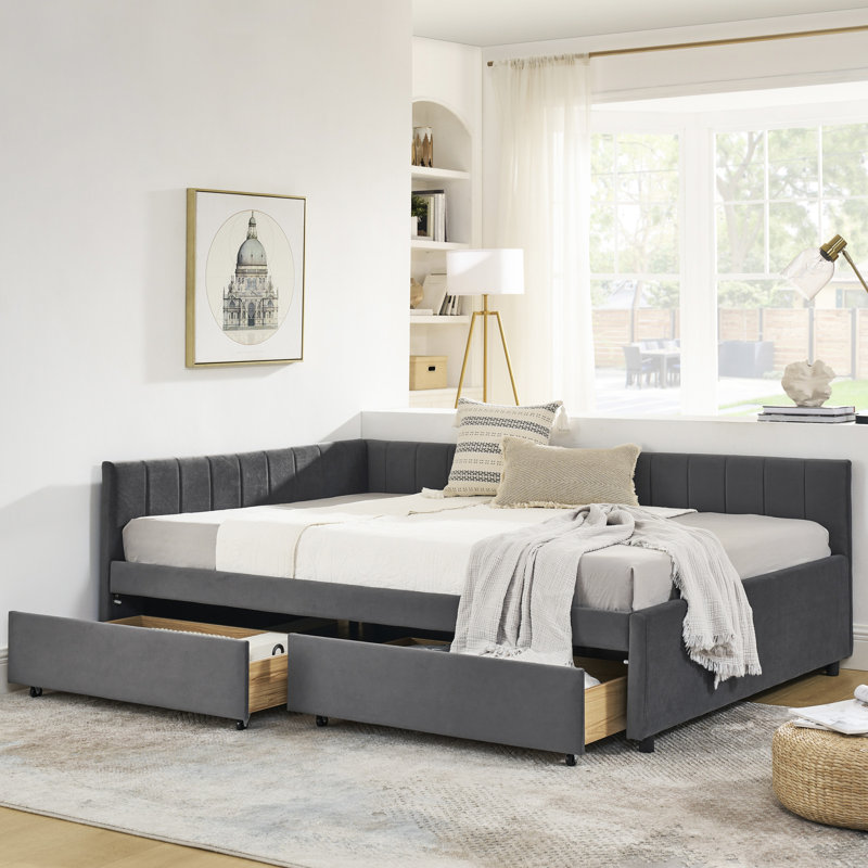 Structure de lit en velours gris, taille double avec deux tiroirs et rayures verticales, option de sièges confortables, convient aux espaces de vie de café, aux cas d'utilisation multiple, au bureau