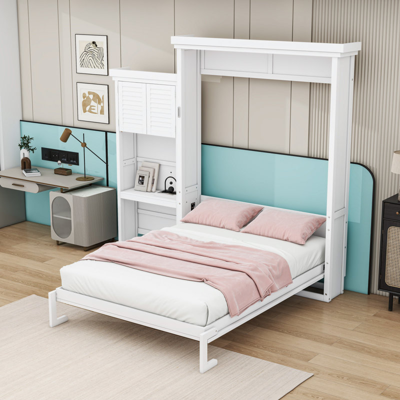 Lit escamotable en bois avec tablettes, Blanc