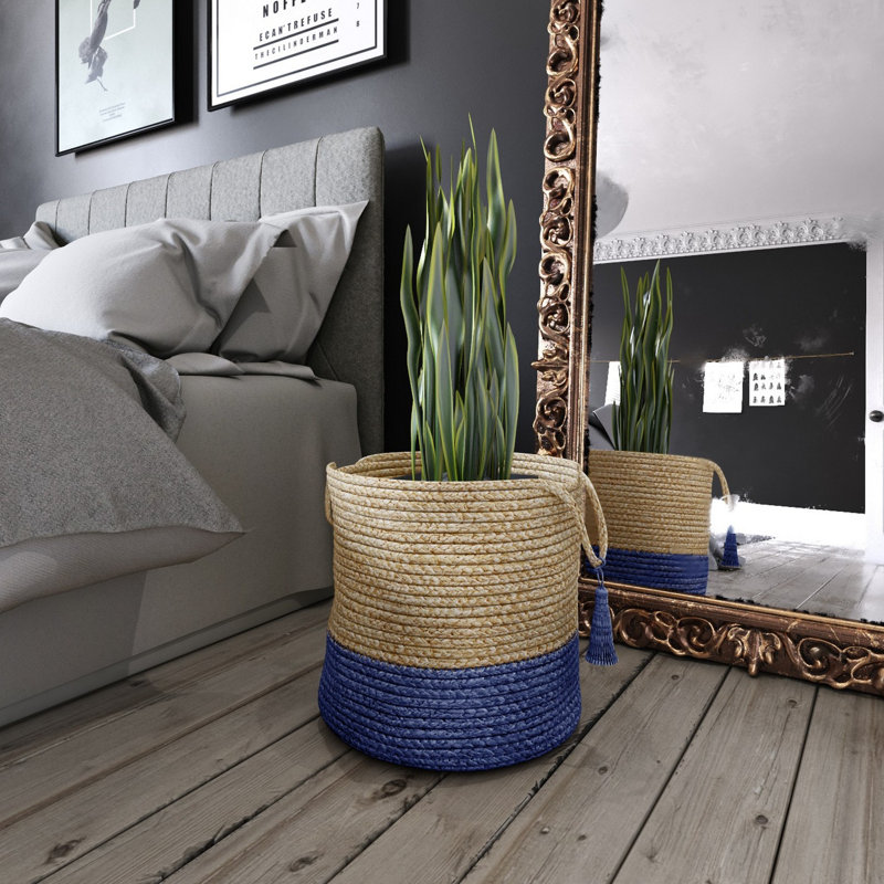 Handmade Round Tan and Sapphire Blue Jute Storage Basket with Loop Handles