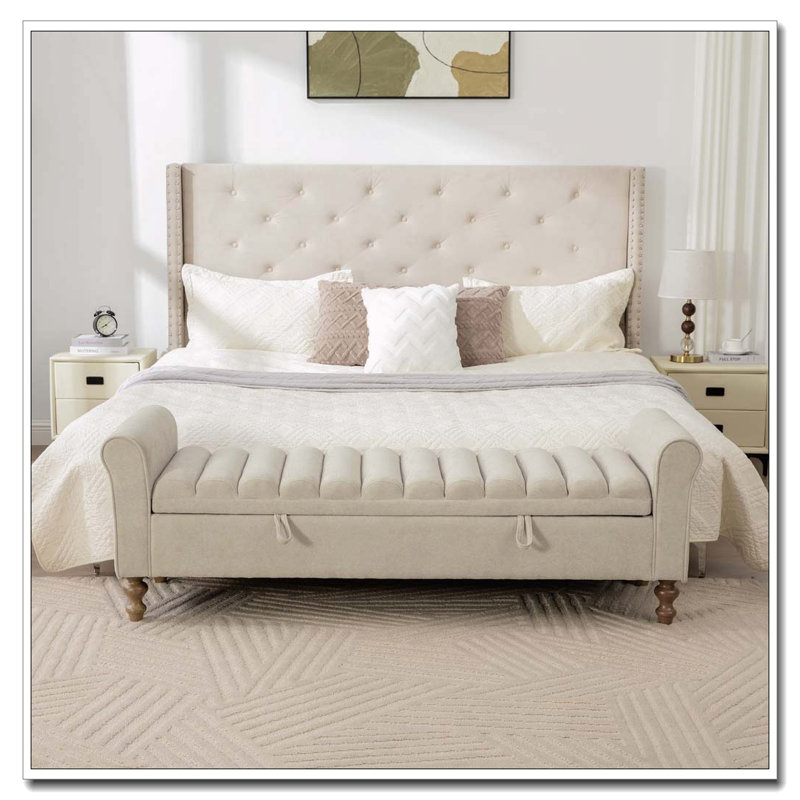 65.55" Wide Modern Upholstered Storage Bench, Griege