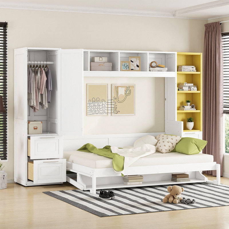 Grand lit escamotable mural avec garde-robe et rangement intégrés, Blanc