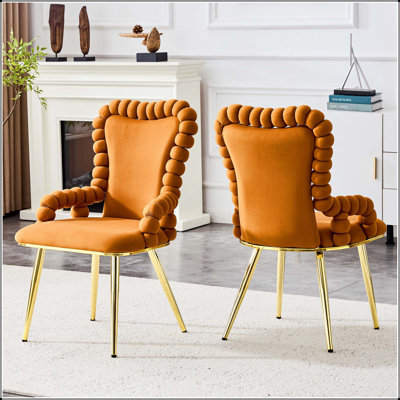 Chaise d'appoint orange à bulles gonflées avec accoudoirs et pieds dorés - ensemble de 2