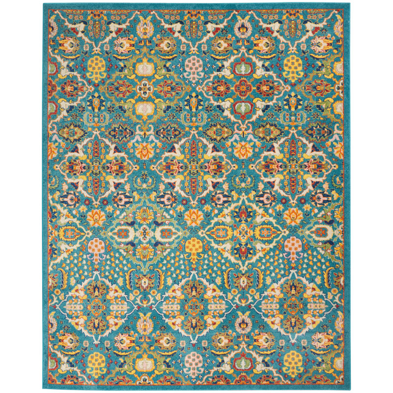 Tapis turquoise / ivoire / jaune Welaka, Rectangle 7 pi 10 po x 9 pi 10 po
