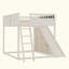 Lit mezzanine avec tête de lit rembourrée et tablettes de rangement, complet avec échelle et glissade-129387394-129387392