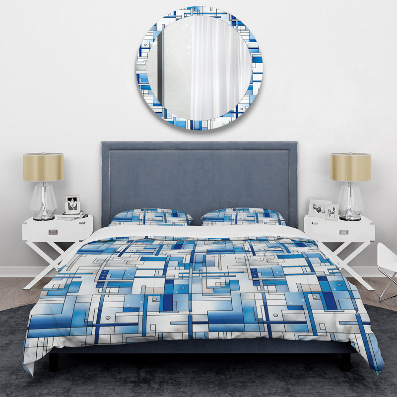 Ensemble de housse de couette en microfibre rétro blanc et bleu, Housse de couette pour grand lit et 2 taies décor