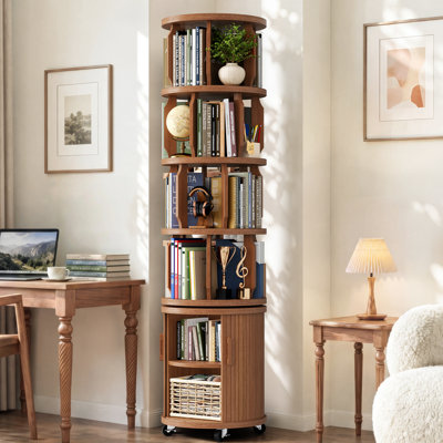 Bibliothèque pivotante à 6 niveaux avec portes, pivotant à 360°, sur roulettes, en bois massif, idéale pour les petits espaces, les coins, les chambres et les bureaux.