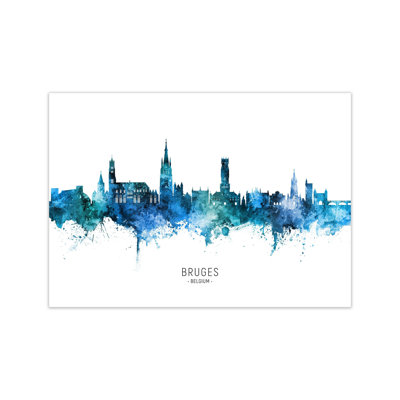 Bruges Belgium Skyline Blue City Name by Michael Tompsett - Print