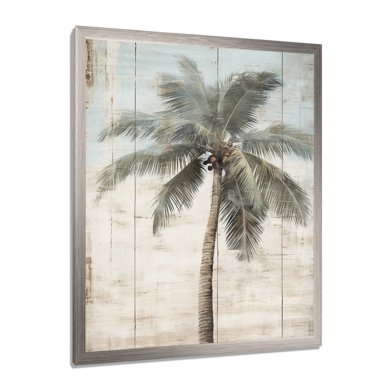 Palmier tropical dans des couleurs rétro délavées - prairie, art mural, H 32 po x l 16 po x P 1 po, Cadre simple argenté