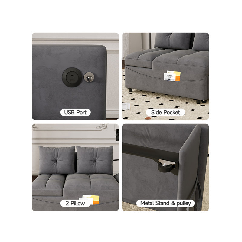 Fauteuil convertible 3 en 1, Velours gris velours