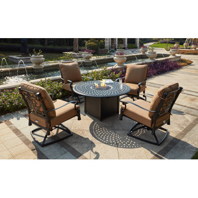 Anhar 5 Piece Patio Propane Fire Pit Swivel Rocker Club Chair Set w/ Cushions & 52'' Round Fire Pit
