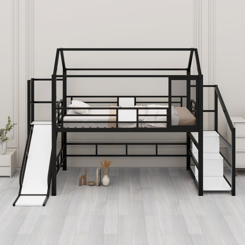 Metal House Loft Bed With Slide，Stairs And Storage Shelves, Black