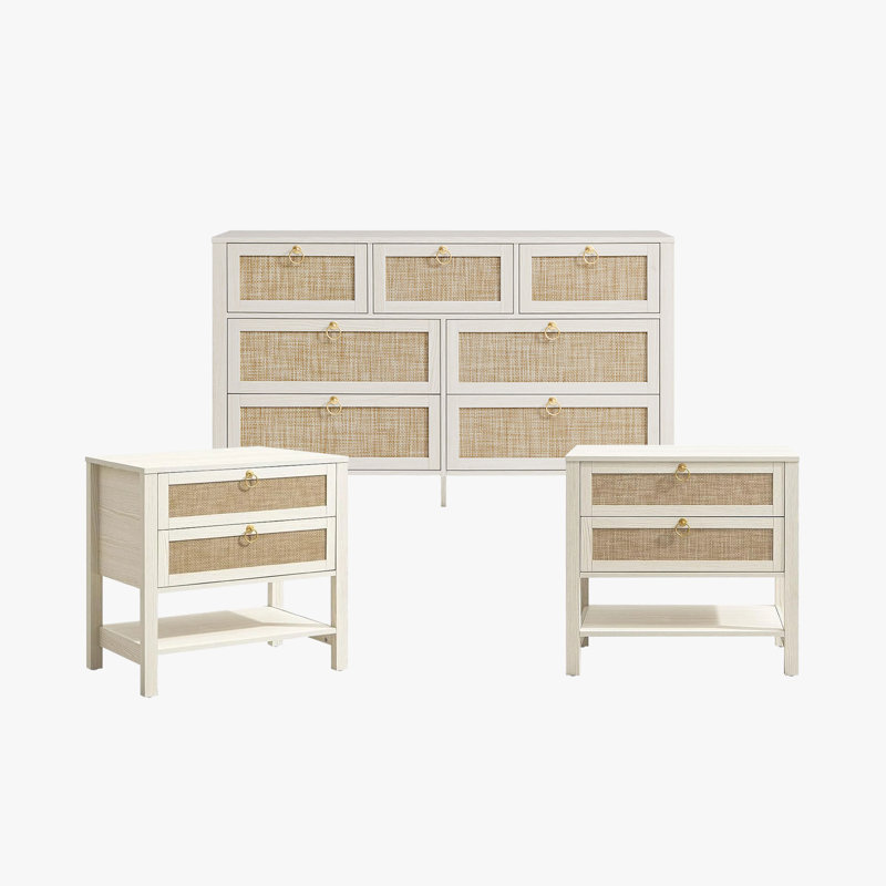 Boho Rattan 3 Piece Bedroom Set, Farmhouse 7-drawer Dresser And 2-drawer Nightstands, White Cream Oak