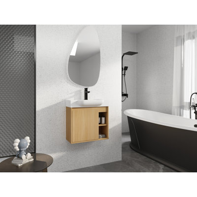 Meuble-lavabo mural avec lavabo | 23,6 x 13 x 22,8 | Contreplaqué | 1 pièce | Meuble-lavabo de salle de bain | Chêne clair | Conception murale peu encombrante