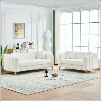Oversized Chenille Sofa,Luxury 3 Seater + 2 Seater Deep Couch,Tufted Couch, Gold Metal Legs Sofa for Living Room, Bedroom, Apartment (White)
