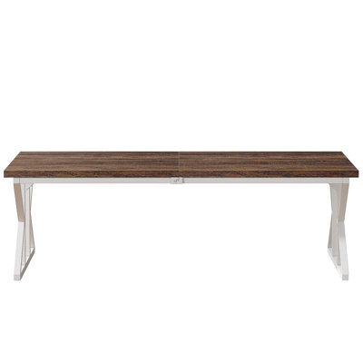 71" Farmhouse Dining Table For 6, Rustic Rectangular Kitchen Table With X-Trestle Metal Legs, Wood Top Dinner Table For Dining Room, Rustic Brown & White