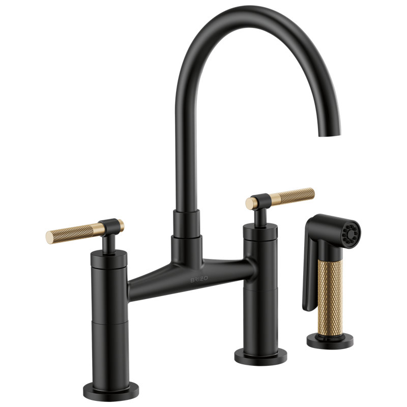 Litze® Bridge Faucet with Arc Spout and Side Sprayer, Matte Black/Luxe Gold