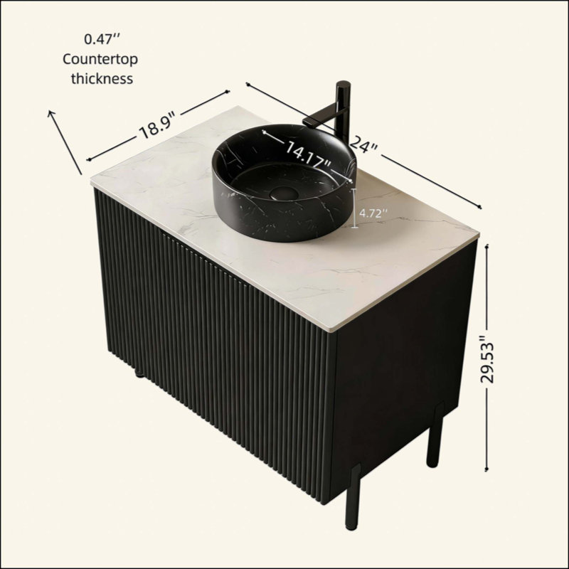 Meuble-lavabo de salle de bain avec lavabo, armoire de rangement autoportante avec 2 portes, lavabo en céramique avec motif en pierre et comptoir en pierre frittée, sans robinet