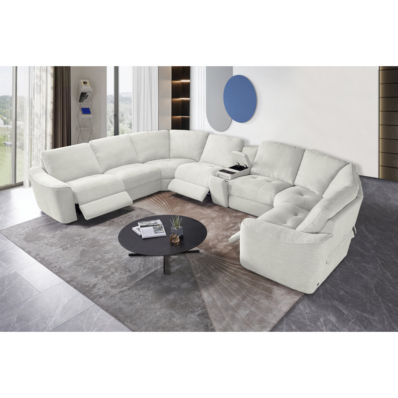 Calixta 8- Piece Corner Upholstered Power Reclining Sectional With Wireless Charging Storage Console, Beige Polyester