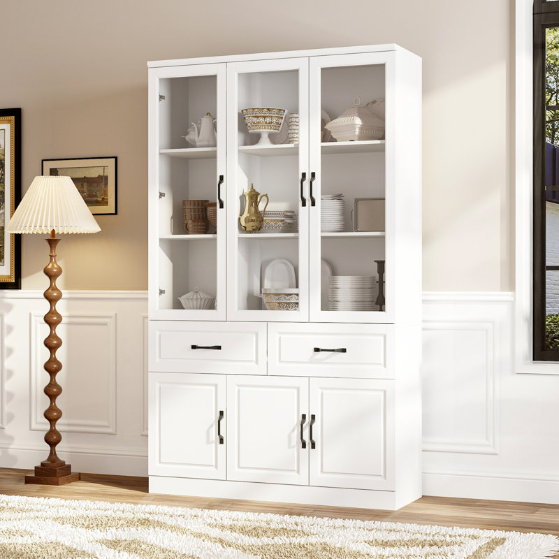 White Multifunctional Lacquered China Cabinet Dining Cabinet - Glass Door + 2 Drawers