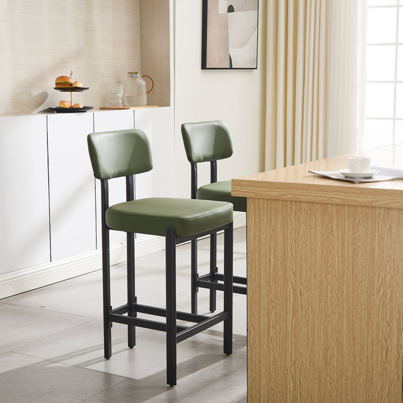 Modern Upholstered Counter Stool With Backrest, Beautiful Low Barstool For Kitchen Island, Bar And Counter, Green