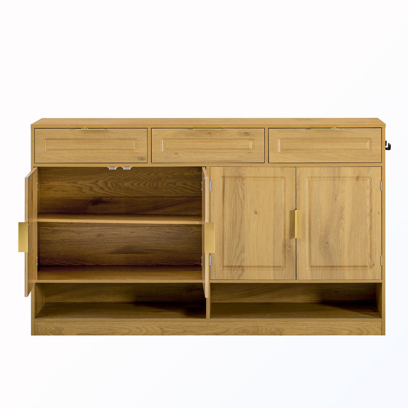 Buffet 4 portes avec tablette réglable et rangement ouvert, Naturel