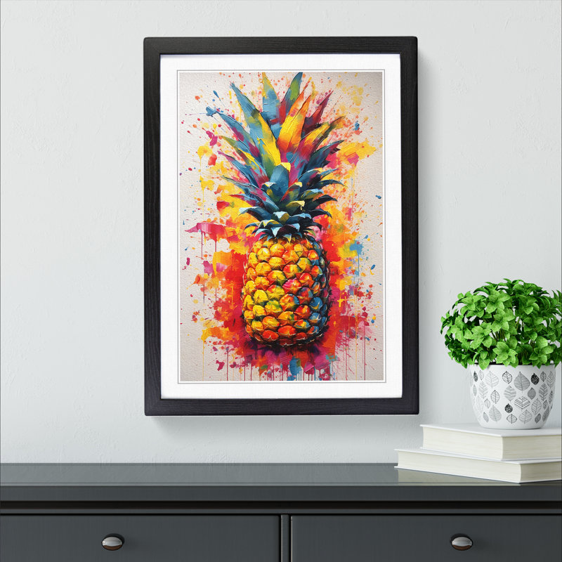 Pineapple Action Painting No.2 - Single Picture Frame Print on Wood, Black Framed, 46cm H x 34cm W x 2cm D