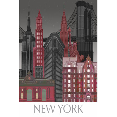 New York Elevations By Night Red by Fab Funky - Wrapped Canvas Art Print