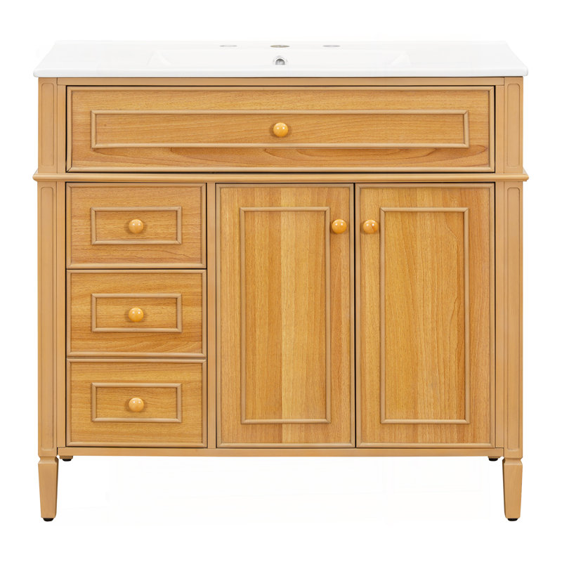 Meuble-lavabo de 36 po avec lavabo, meuble-lavabo en bois avec tiroir rabattable, 3 tiroirs, 2 portes à fermeture en douceur, bois massif et panneau de fibres à densité moyenne, poignées en bois d'hévéa élégantes
