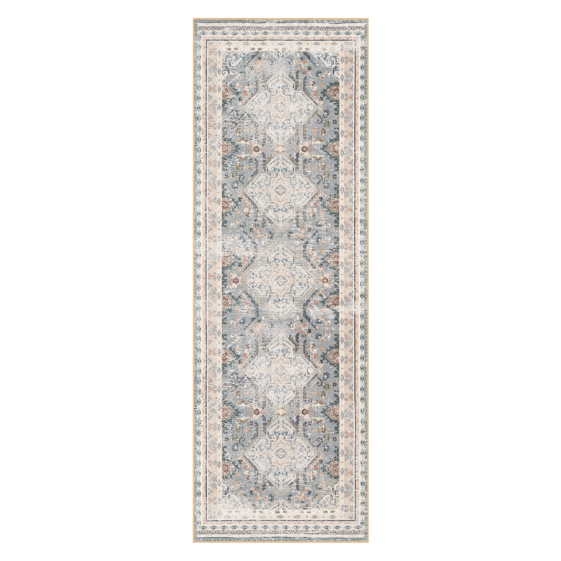 Non-Slip Runner Rug Washable Distressed Boho Geometric Medallion Pattern Carpet, Distressed Misty Blue, Runner 2'x 6'