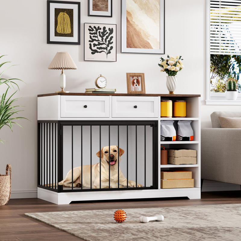Large Dog Crate Furniture, 47” Dog Crate With 2 Drawers And 4 Shelves, White