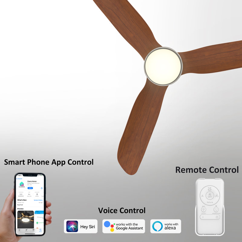 52" Smart DC Motor Ceiling Fan with LED Light and Remote Control, Red Oak Wooden