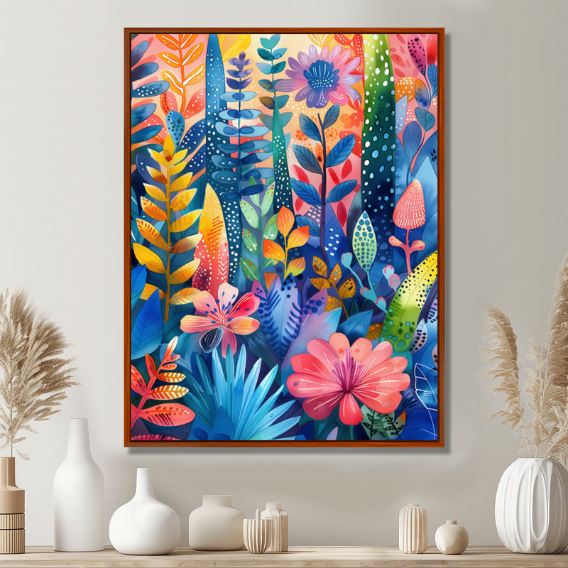 «Blue Pink Palms Desert Paradise III», impression d'art mural palmiers et palmiers, Cadre flottant doré, H 30 po x l 40 po