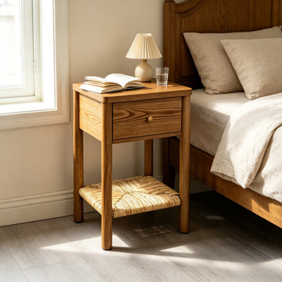 Wood Nightstand with 1‑Drawer & Wicker Storage Shelf, Solid Wood Side End Table for Bedroom
