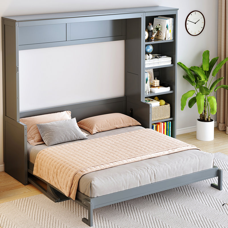 Grey Queen Bed With Integrated Desk And Shelf Compartments, Pine , Easy Fold For Space Utilization, No Box Spring Book Storage Materials, Space Design, Multiple Options
