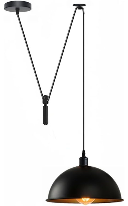 Luminaire suspendu en forme de dôme réglable noir - éclairage industriel rétro E26 pour îlot de cuisine, salle à manger, salon, bar et café