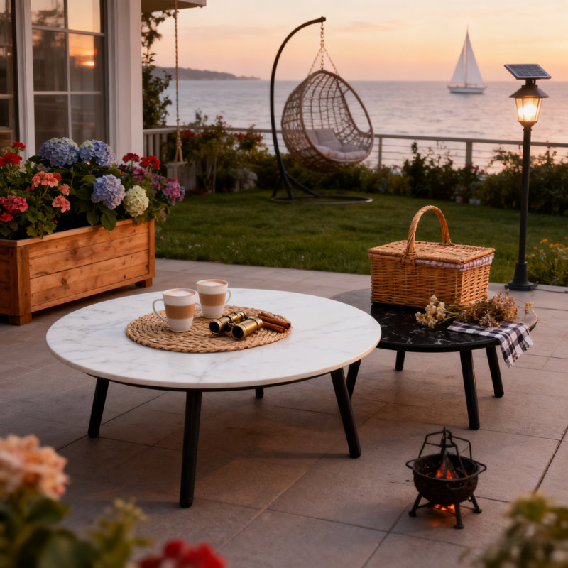 2 Piece Aluminum Patio Nesting Coffee Tables With Round Sintered Stone Tabletop