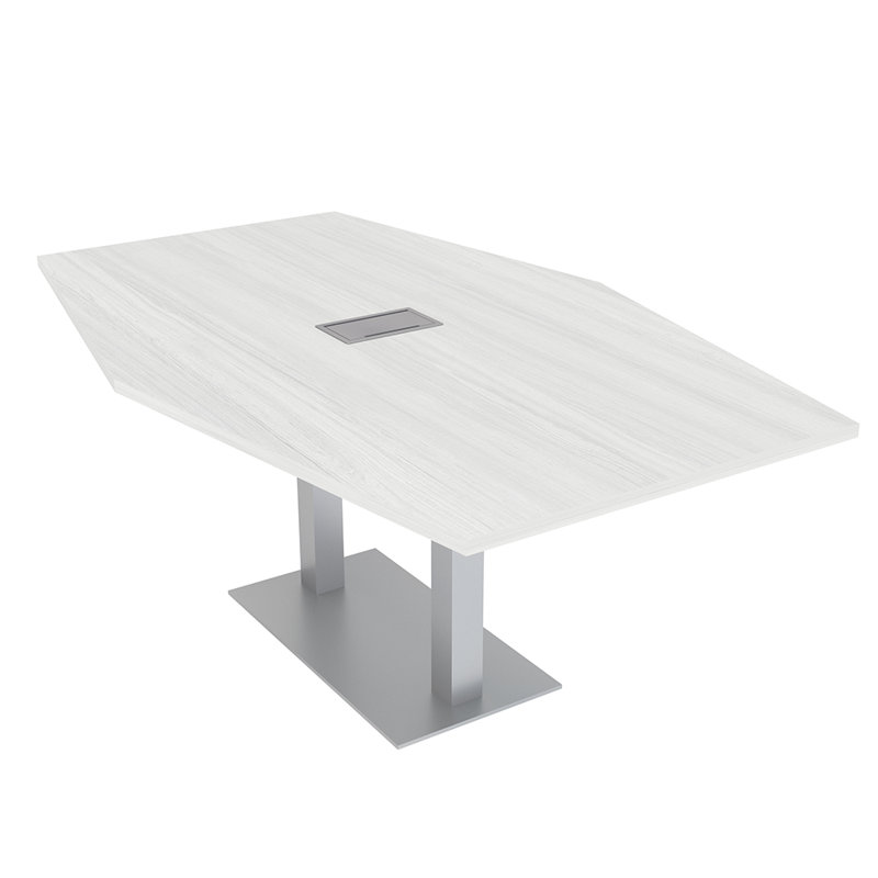Table de conférence hexagonale avec alimentation et données, L 72 po x l 48 po, Cyprès blanc, Argent argent
