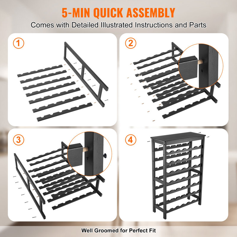 Support à vin modulaire pour 42 bouteilles, supports de rangement en bois de bambou massif à 7 niveaux avec plateau de table, présentoir à vin sur pied, tablettes sans oscillation pour la cuisine, le bar et la cave (noir)