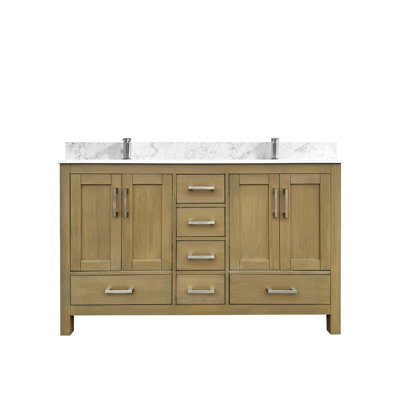Meuble-lavabo de salle de bain de 55 pouces avec double lavabo et trou pour robinet, meuble-lavabo en chêne avec rangement, 4 portes et 6 tiroirs, comptoirs en céramique, mécanismes de fermeture en douceur pour une meilleure expérience utilisateur, lavabo en céramique.