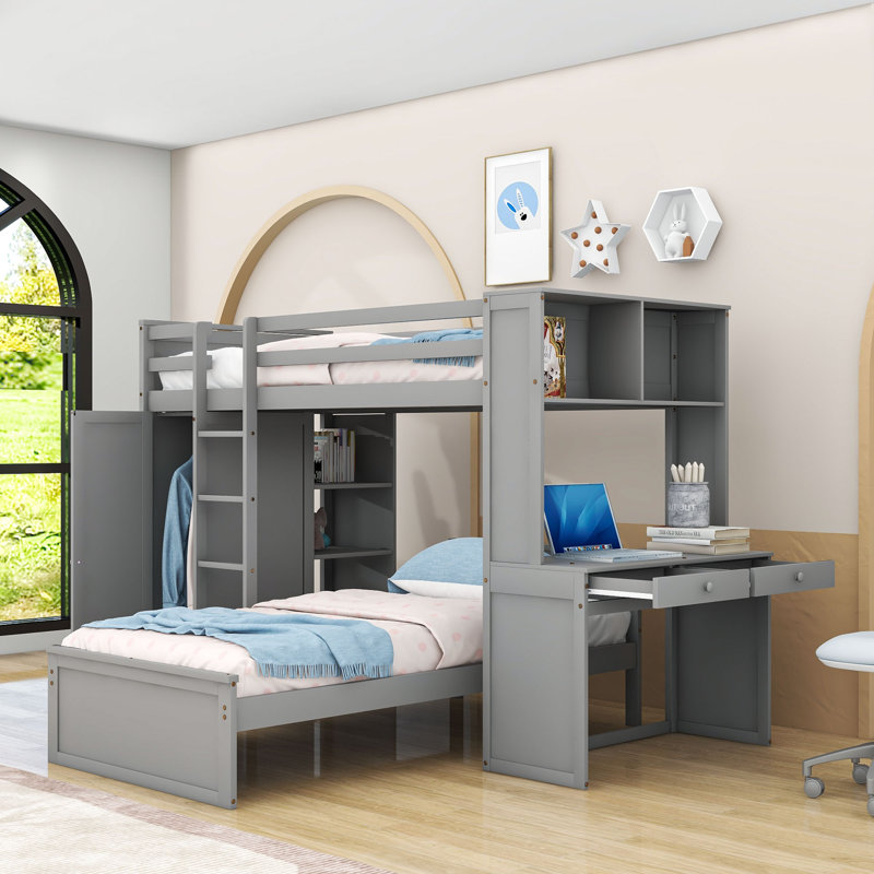 Asgun Wood Bunk Bed with Shelves,Desk and Drawer, Gray, Twin Over Twin