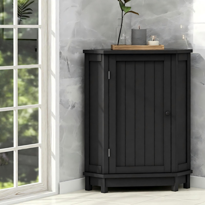 Black Bathroom Cabinet Triangle Corner Storage Cabinet With Adjustable Shelf Modern Style Mdf Board, Black