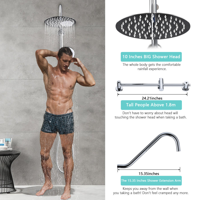 Système de douche avec pomme de douche à effet pluie de 10 po, pomme de douche double réglable à 4 fonctions, Chrome