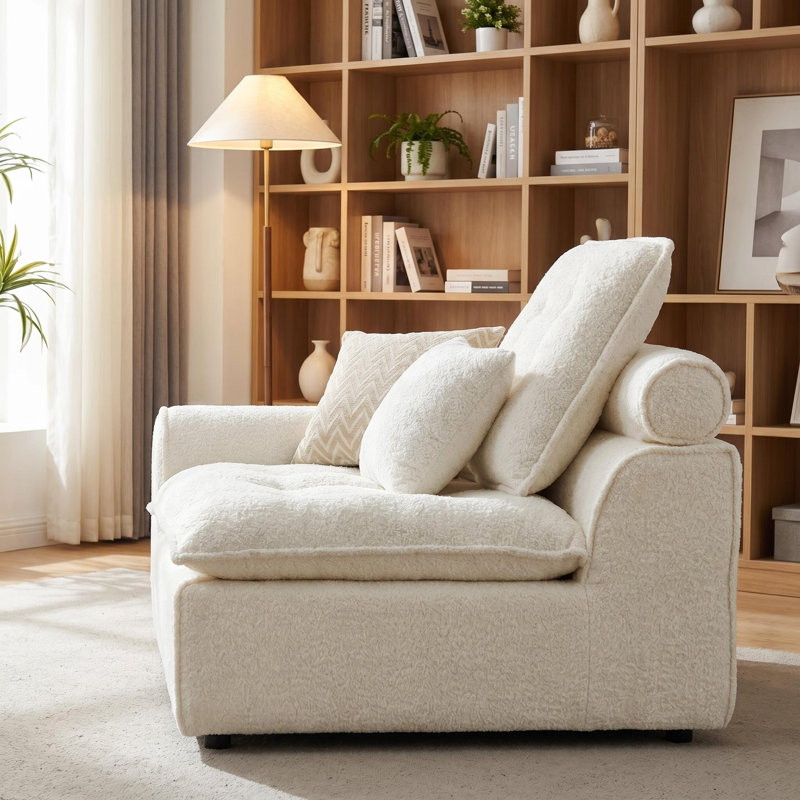 Seat with Left Arm, White Boucle, 30" H  47" W x 41" D, White