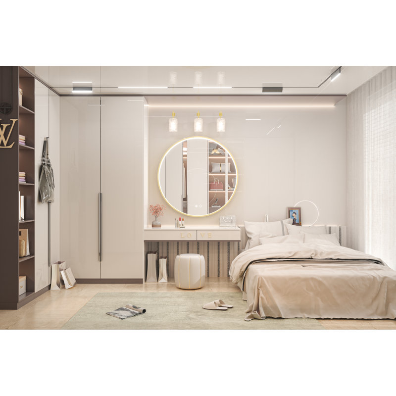 Fantina Round 3 Color Adjustable LED Metal Framed Wall Mirror with Anti-fog, 36" x 36", Gold