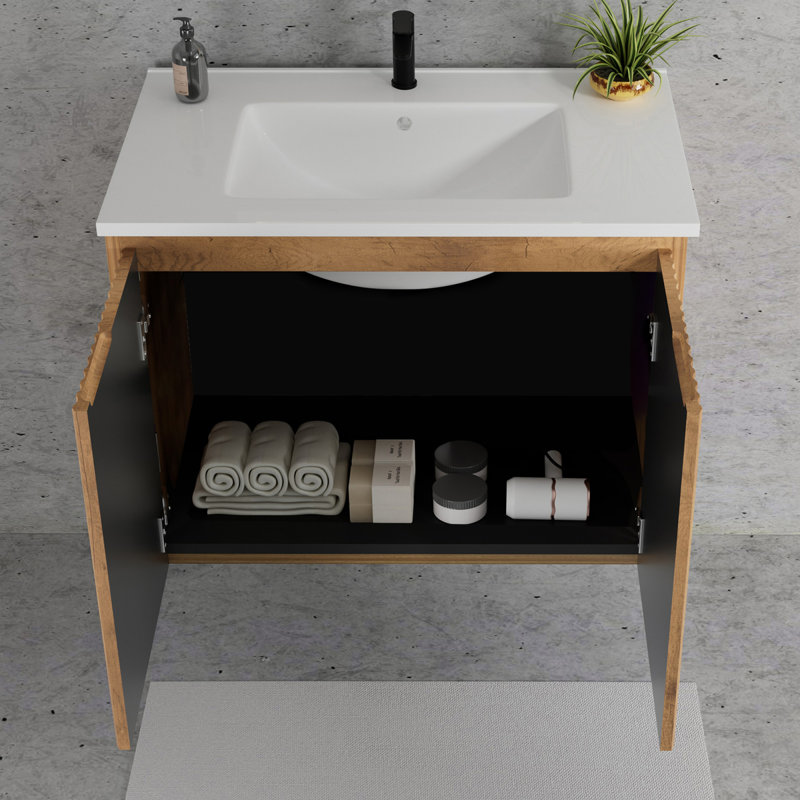 Meuble-lavabo en chêne doré peu encombrant avec lavabo en céramique, design moderne